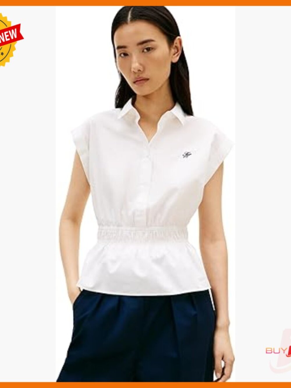 Sleeveless Cotton Button Down Shirt Smocked Waist Blouse Peplum Top